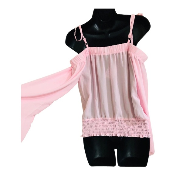 Pink cold shoulder sheer long sleeve smocked cuff waist blouse top size‎ medium - Picture 10 of 10